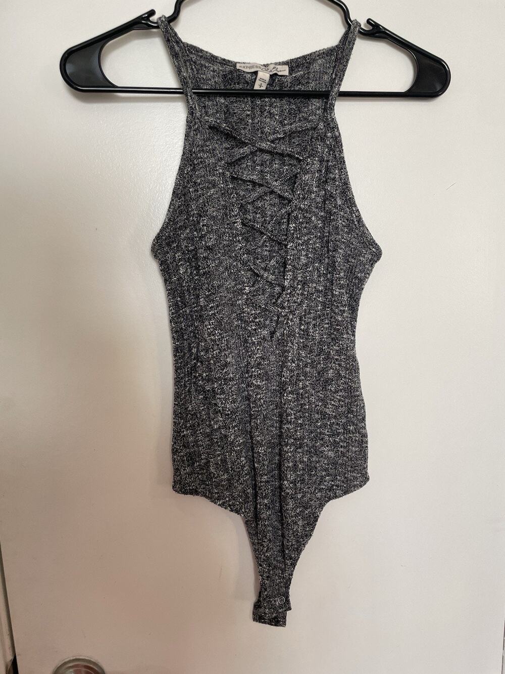 Express One Eleven Body Suit Heathered Grey S Small Cross Cross V Neck Sleeveles